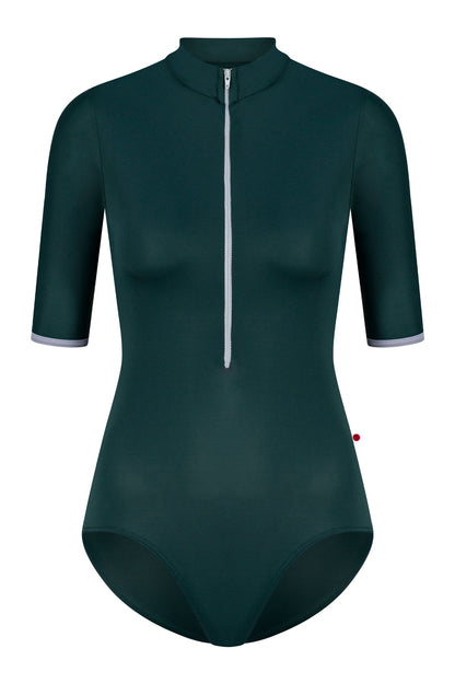 Jessica leotard in with half sleeves inT-Kale body color with T-Slate trim & zipper color