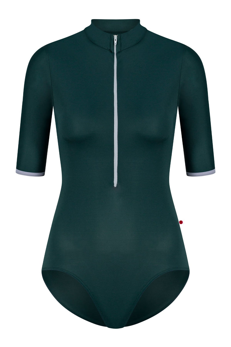 Jessica leotard in with half sleeves inT-Kale body color with T-Slate trim & zipper color