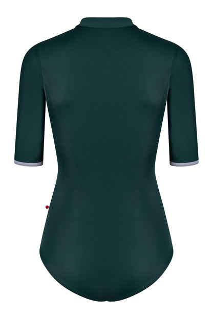 Jessica leotard in with half sleeves inT-Kale body color with T-Slate trim & zipper color