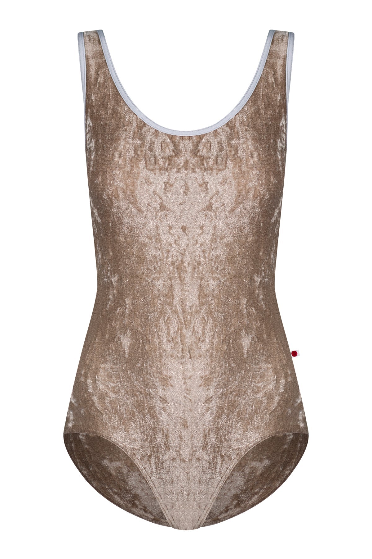Veronique leotard in CV-Toffee body color with Mesh Dolce top color and N-Silver trim color