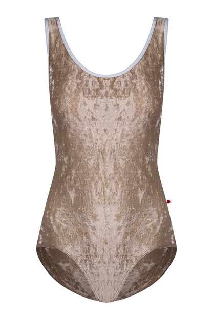 Veronique leotard in CV-Toffee body color with Mesh Dolce top color and N-Silver trim color