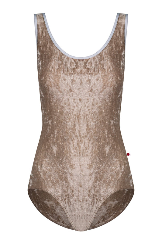Veronique leotard in CV-Toffee body color with Mesh Dolce top color and N-Silver trim color