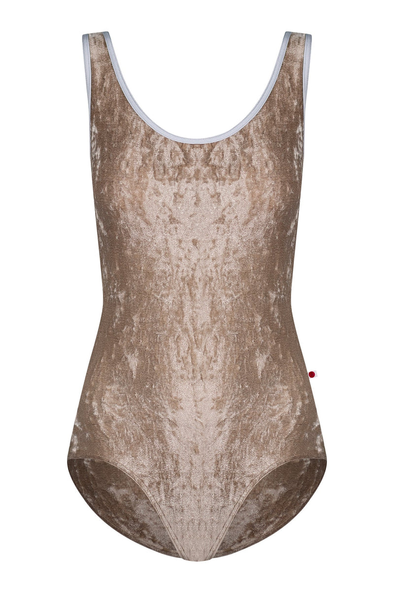 Veronique leotard in CV-Toffee body color with Mesh Dolce top color and N-Silver trim color