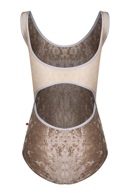 Veronique leotard in CV-Toffee body color with Mesh Dolce top color and N-Silver trim color